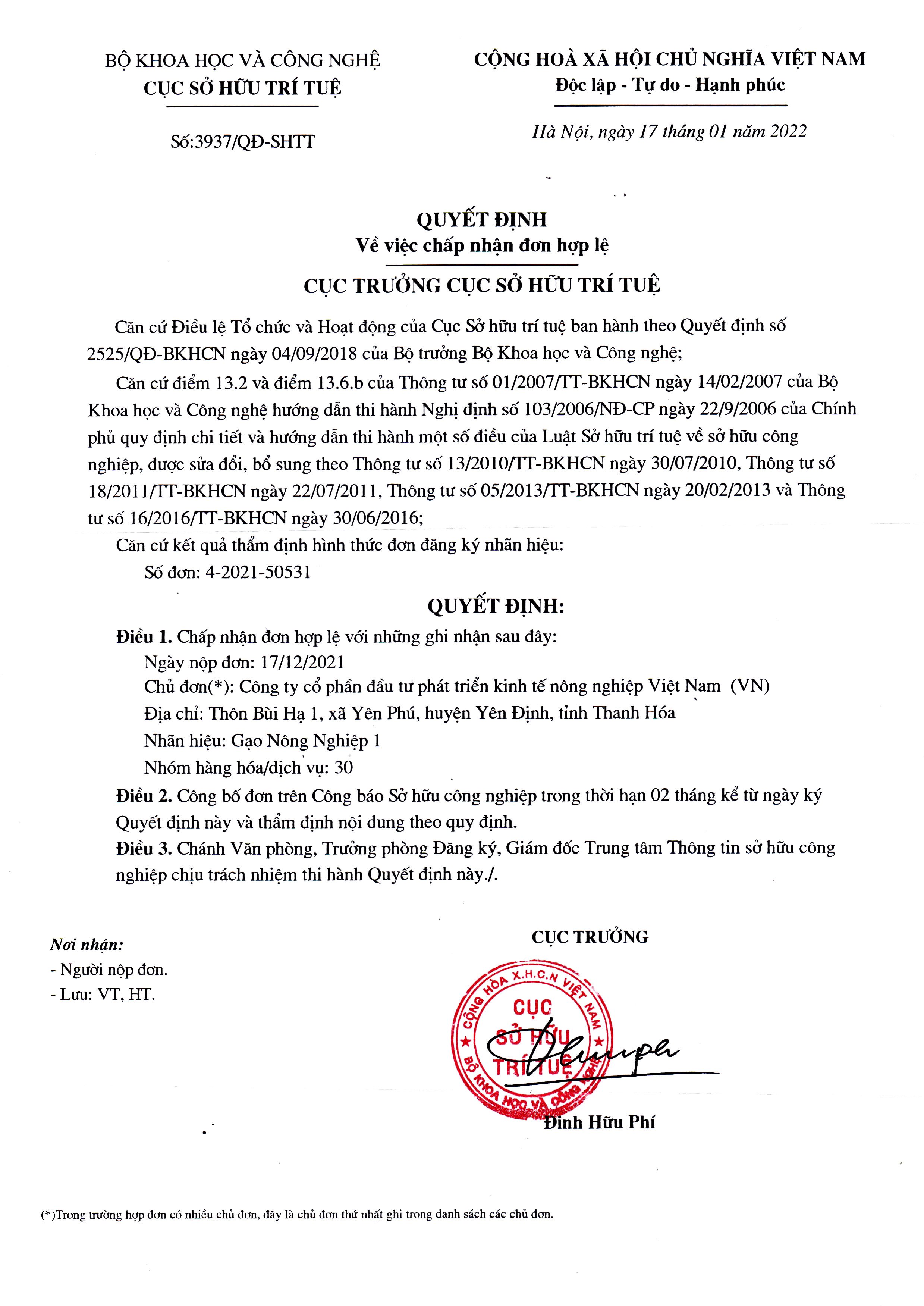 Quyết định của Cục trưởng Cục sở hữu trí tuệ về việc chấp nhận đơn hợp lệ của Công ty Cổ phần Đầu tư Phát triển Kinh tế Nông nghiệp Việt Nam
